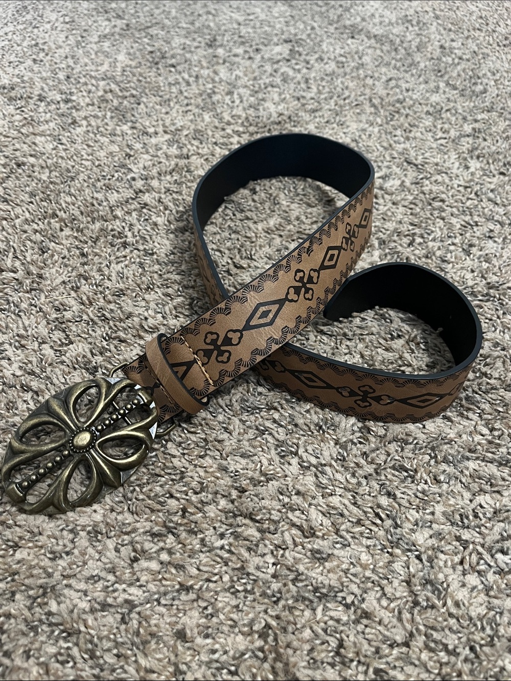 Brown Tooled Leather-Style Western Belt with Antiqued Floral Buckle